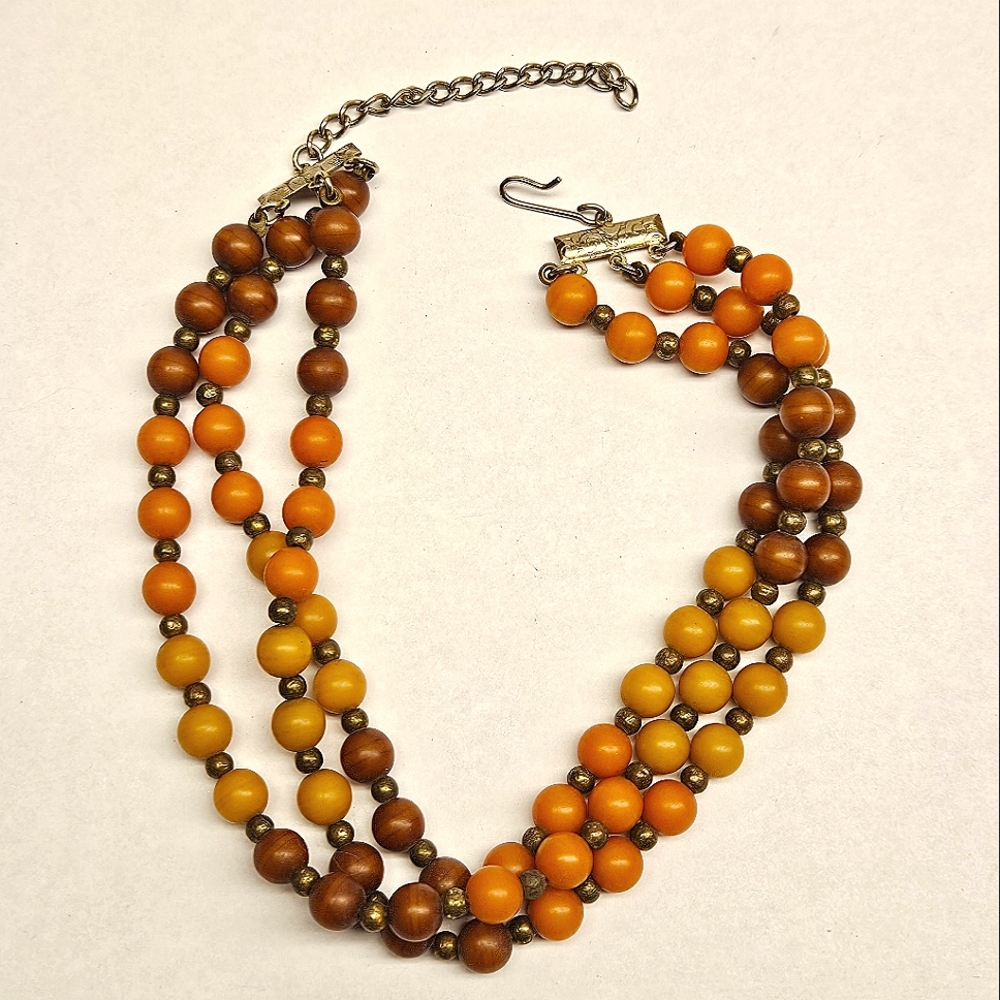 Vintage Triple Strand Orange Beaded Choker Necklace